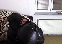 My hubby as my sissy Katja in leather restrain bondage