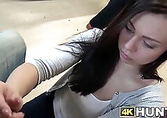 Dark haired cheats on her bf for cash at a bowling place