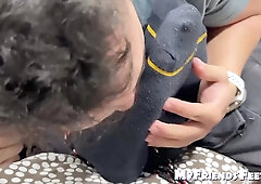 Restricted muscled hairy man Monstah Mike suffers soles eating