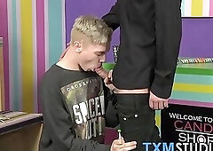 Blonde twink wasted no time he gos down on the clerk