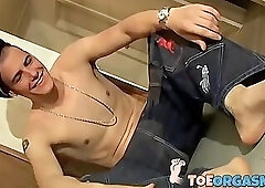 Young foot lover Clyde strokes his cock and cums on his feet