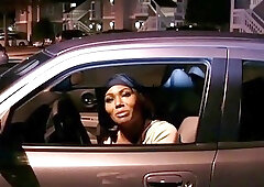 Black tgirl pops out massive boobs from sexy outfit and cums