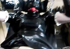 Trans rubberdoll banged by finger - bound up in a sling, helplessly at the lenience of the taskmaster