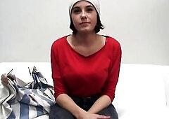 Amateur chick with large melons, Ana Bell Evans went to a porn movie scene casting to get screwed