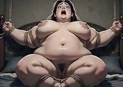 Corpulent SSBBW bound up with legs widen, her obese swollen twat leaking with passion. This babe's full of longing, groaning desperately whilst t