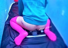 Youthful, crossdresser riding dildo, rides