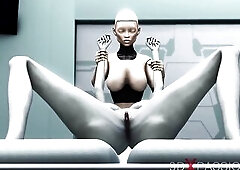 Hot sci-fi female android plays with an alien in the surgery room in the space station