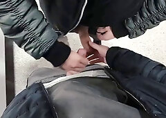 2 Serbian friends jerk off next to sink in public toilet