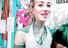 In the tattoo studio, 2 heavily inked punk goddesses get things started hawt and enormous: dreadlocks tattoo artist Anuskatzz and her client Edone dis