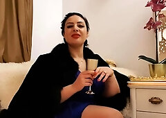 Busty curly brunette with big boobs fucks on couch