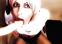 Trans in japanase gym clothing with pink hair and cosplay-like sucks your schlong whilst touching herself and uses a sex-toy. Then this babe rides the