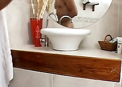 Breasty blond mother I'd like to fuck wearing underware gets screwed and jizzed on breasts in the bath.