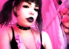 Small titted brunette Sharron with glasses masturbates