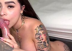 Hot brunette with an awesome butt and tattoos lets a building security guard fuck her really well at her place