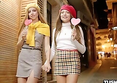 European gals Talia and Emelie are hitting the town streets, twinning in sweaters and miniskirts and teasing with their 2 constricted tushies. If u’