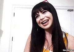 Brunette hot girl throated by four meat group bang