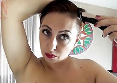 Exposed nudist hairdresser. That Babe cuts her own hair. Regina Noir In Nature's Garb barber shop. in nature's garb stylist. Full