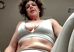 Watch me work out and humiliate the beta guy while showing off my landing strip and hanging tits