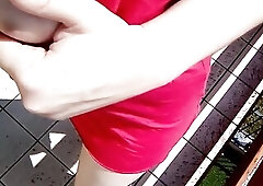 No underclothing on the balcony, snatch unshaved and little pee