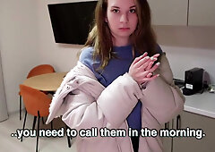 Brunette girl fucks a stranger after sharing a room with him POV