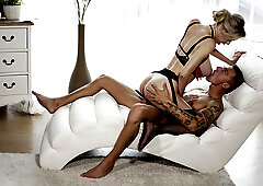 Big-titted blondie Florane Russel rides lover's tool after receiving oral