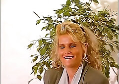 Golden-haired german whore playing with her natural tits in advance of dildoing her cunt at casting.