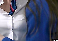 Latina tranny Zariah Aura fucked a big boobed flight attendants hairy pussy