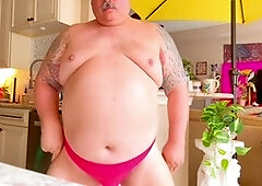 Dildo stuffed in his thick daddy ass after wetting red undies