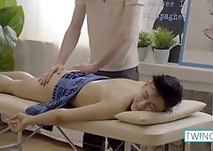 Oiled-up Logan takes big cock in his ass from masseuse Michael!