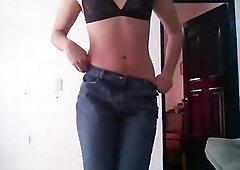 Pretty Femboy Dancing Hot Teasing With His Large Booty In Jeans And Strap Stripping Down And Ends Up Ejaculating Down Her Large Butt Part 1..... By: E