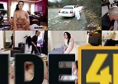 Briana Moon stars as a hairy bride in white stockings getting pounded from behind