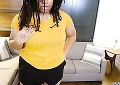 Mocha Bee arrives thick and curvy, showing off her large bazookas and soaked body. This babe takes her ravishing time teasing each curve in front of t