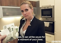 Big-boobed MILF in black stockings screwed in the asshole