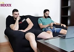 Friends watching porn together, straight friends watching porn, straight handjob