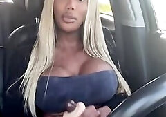 Hot Big Tit Busty Black Trans Rubs Out A Load In Car