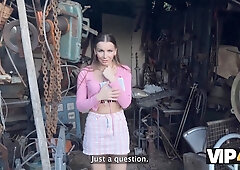 Arina Shy in leather lingerie squirts in debt fuck with Steve Q in the backyard