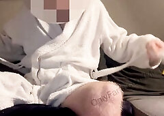 Post baths jerking of my large weenie whilst wearing a robe. Hung and very slutty with spunk flow on leg