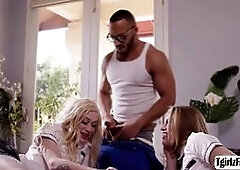 Blonde transsexuals Jenna Gargles and Izzy Wilde are playing when hunk black technician arrives to repair something. The two are amazed and flirt with