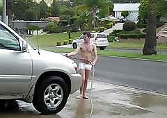 Nasty lad washes the car with a boner