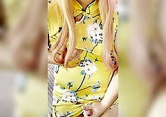 Ritha Pixie in a yellow costume showing her schlong, biss booty, eating her own cum