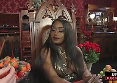 Athletic black dominatrix pegs and ties useless male sub