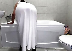 I clothed up in my taut white suit and hawt high heels to do smth sinless… just a little bath cleaning . But my body had other plans . Each move I m