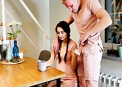 Russian brunette Kate Rich swaps coffee for deep throat and hard sex with Leo Dee