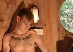 JizzAddiction.com: Solo tattooed and trimmed young twink Skyler sex toys in the sauna