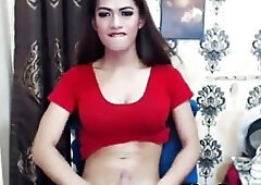 Erotic shemale with big tits jerks her throbbing boner off