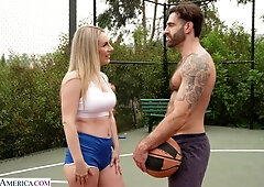 Sexy blonde Bunny Madison play's with the balls of a stranger