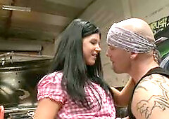 Red-hot brunette India Summer rides Derrick Pierce in the garage after stripping down