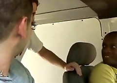 Lucky hitchhiker is picked up for gay sex in the back of a van