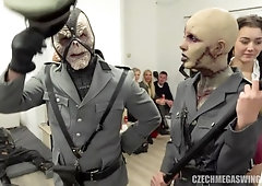 Glamorous blonde hottie is getting her mouth fucked on the sex party