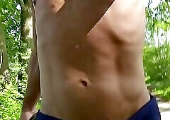 Skinny boy risky jogging naked in public. Huge pissing, Huge cumshot outdoor. Very risky